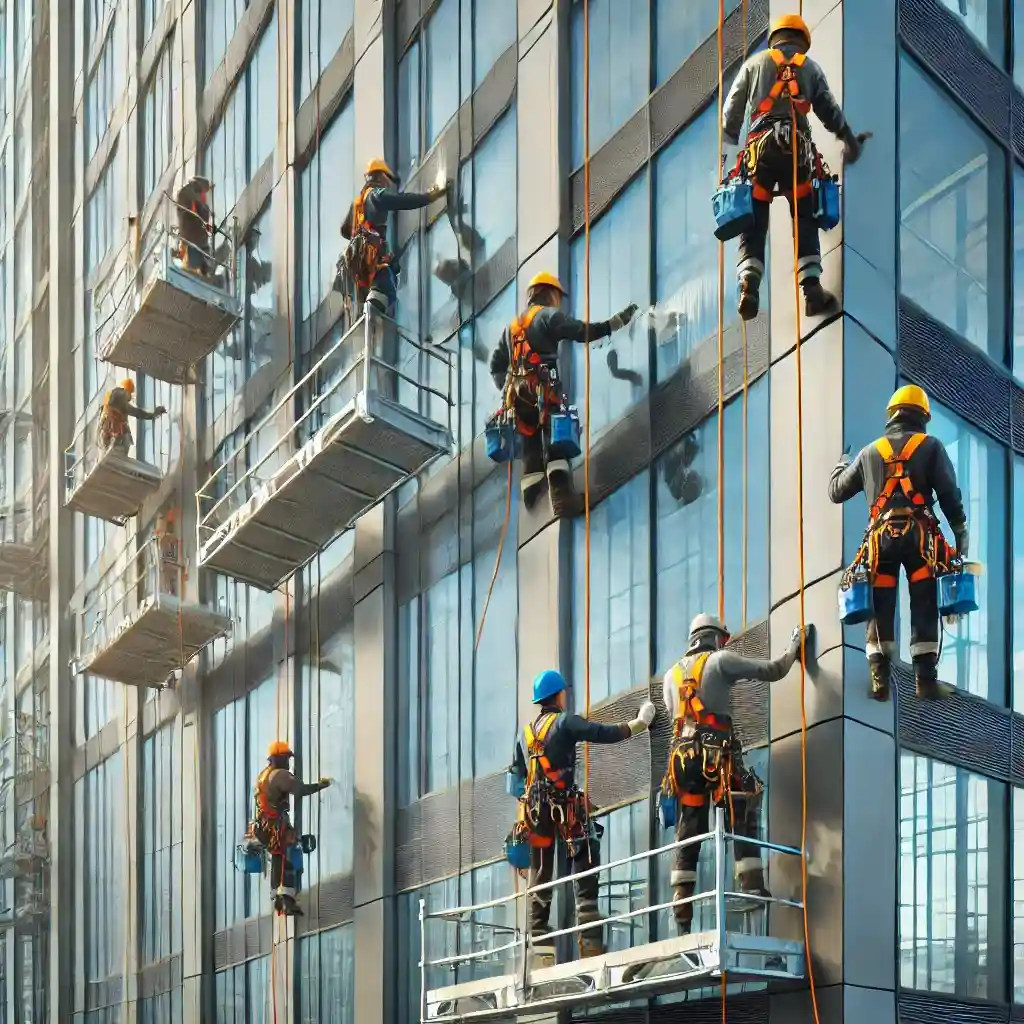 DALL·E 2024-09-26 15.50.40 - A group of workers performing facade maintenance on a tall building. They are wearing safety harnesses and helmets while suspended on platforms or rop (1)