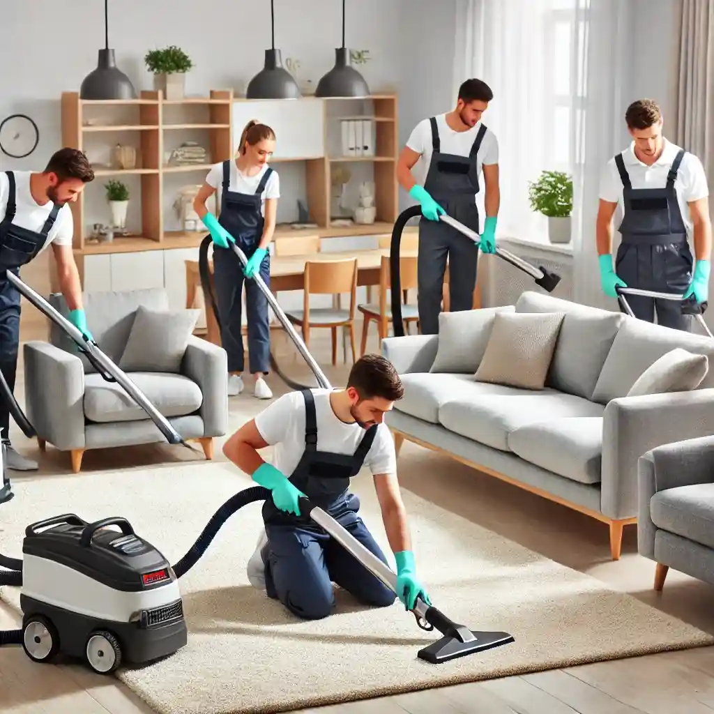 DALL·E 2024-09-26 15.50.44 - A group of workers cleaning carpets and furniture in a modern living room setting. They are wearing uniforms and using professional cleaning equipment (1)