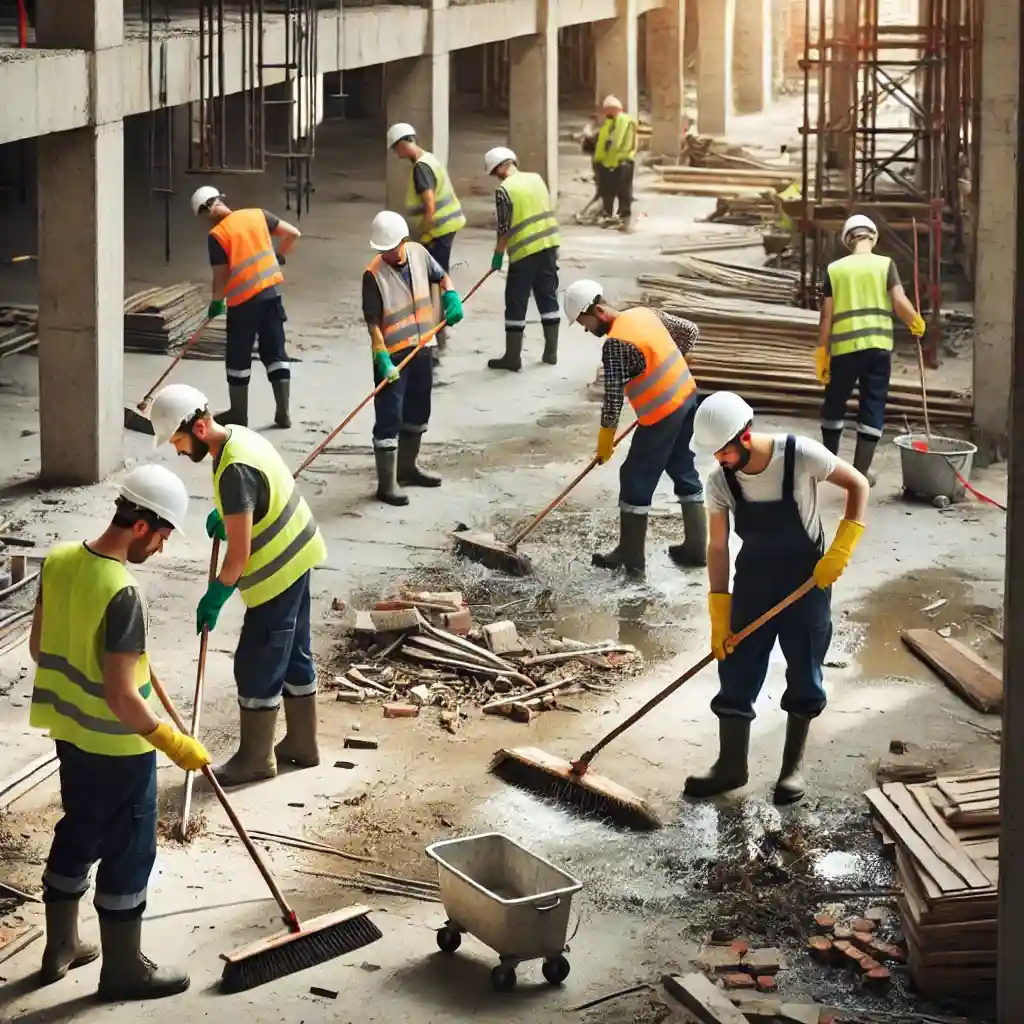 DALL·E 2024-09-26 15.50.47 - A group of construction workers cleaning a construction site. They are wearing safety helmets, gloves, and vests, and are using brooms, shovels, and c (1)
