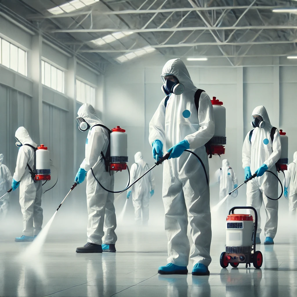 DALL·E 2024-09-26 15.50.51 - A group of workers in protective suits and masks sanitizing a large indoor space. They are using disinfectant sprays and fogging machines to thoroughl