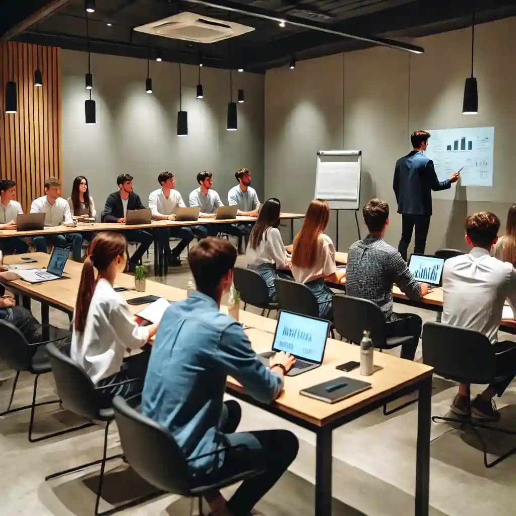 DALL·E 2024-09-27 08.36.28 - A group of workers attending a training session in a modern conference room. They are seated at tables, paying attention to a trainer who is standing (1)